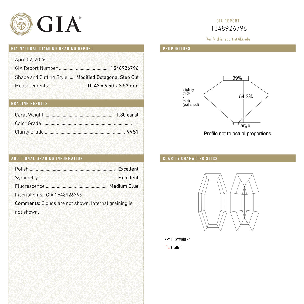 1.80ct 10.43x6.50x3.53mm GIA VVS1 H Cut Corner Rectangle Step Cut 28011-01