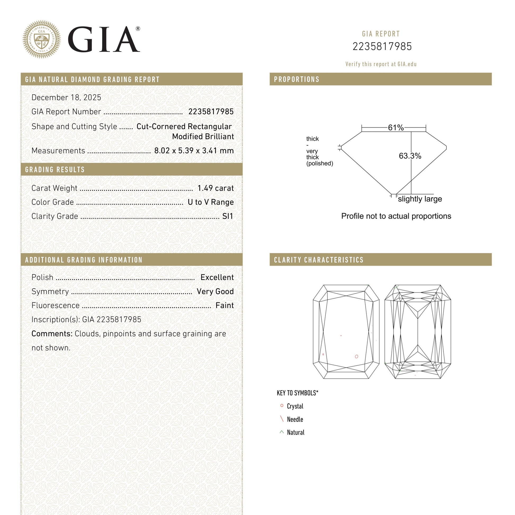 1.49ct 8.02x5.39x3.41mm GIA SI1 U-V Cut Corner Rectangle Brilliant 27392-01