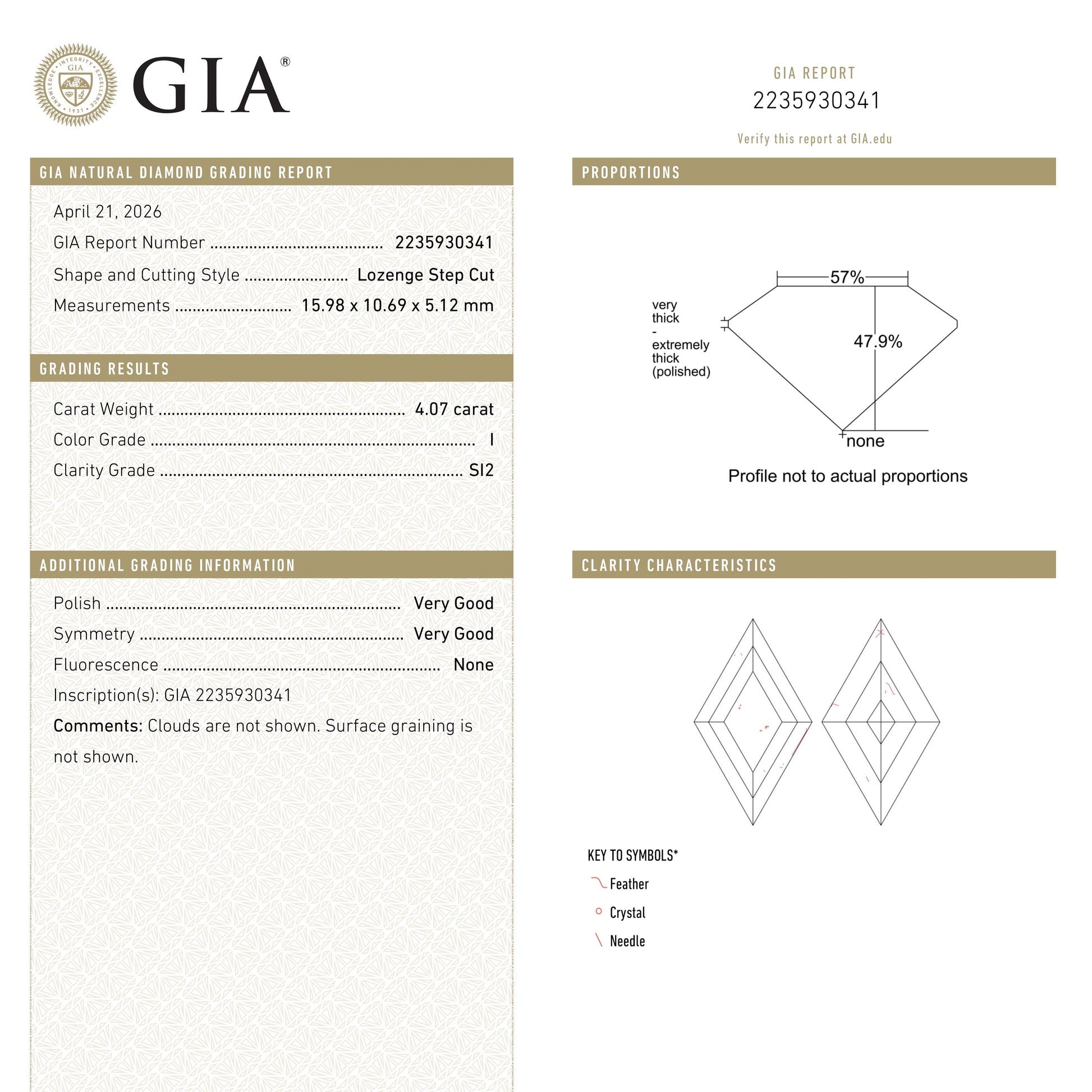 4.06ct 15.98x10.69x5.12mm GIA SI2 I Lozenge Step Cut 28010-01