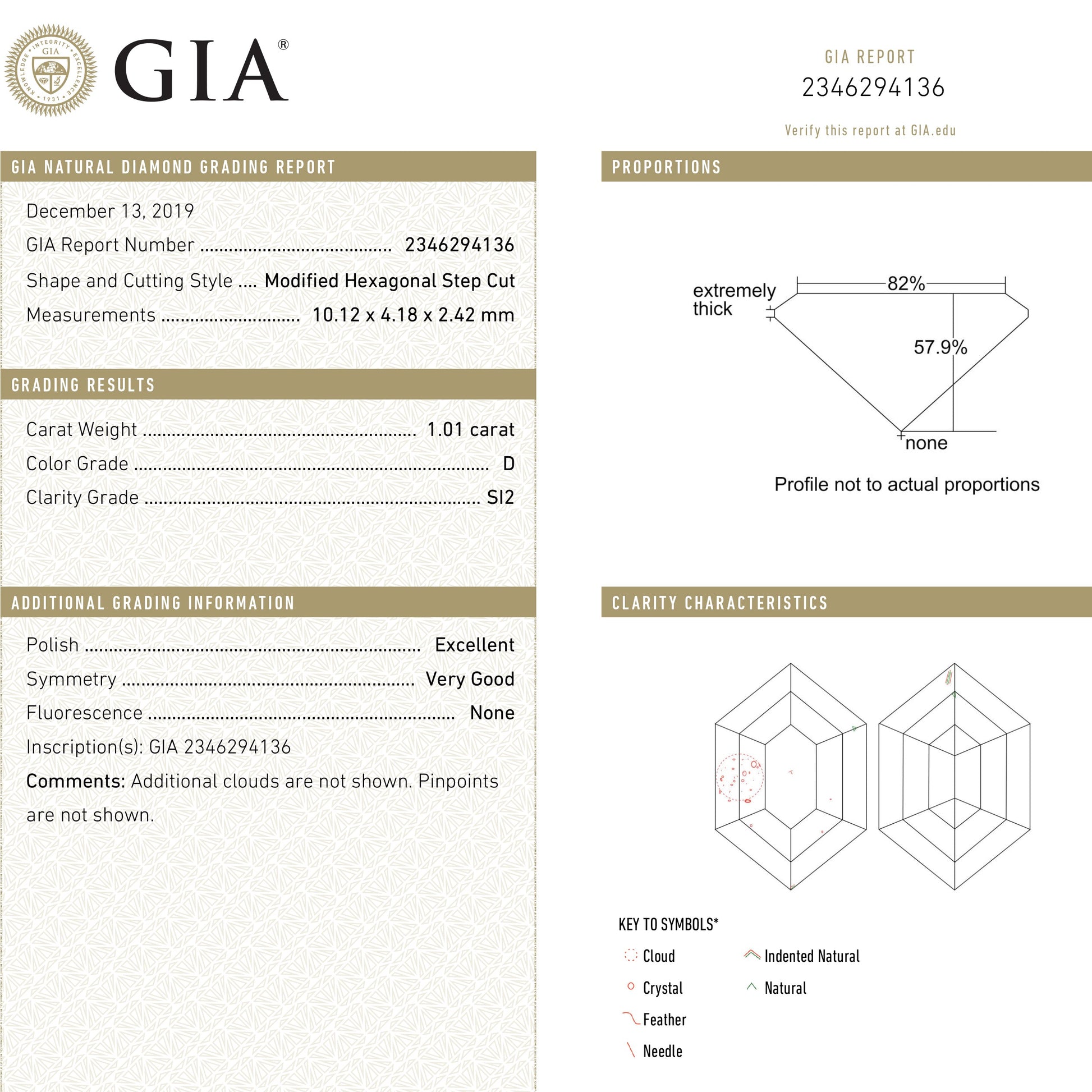 1.01ct 10.12x4.18x2.42mm GIA SI2 D Hexagon Step Cut 22621-01