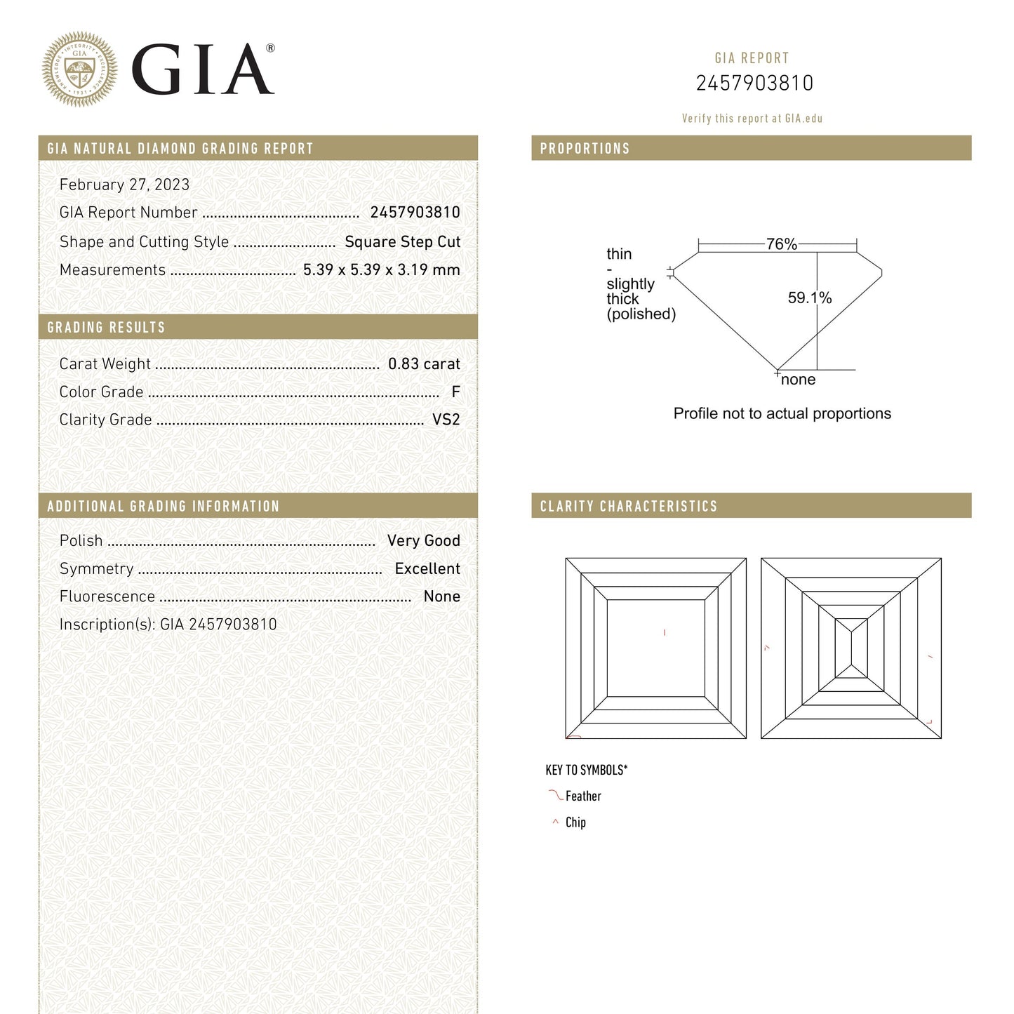 0.83ct 5.38x5.38x3.15mm GIA F VS2 Carré Step Cut 23033-01