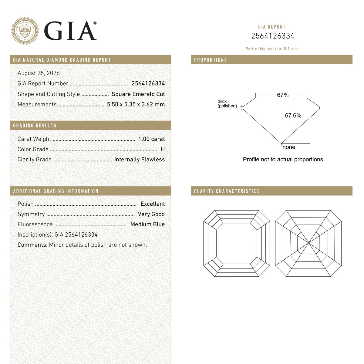 1.00ct 5.50x5.35x3.62mm GIA Internally Flawless H Cut Corner Square Step Cut 28331-01