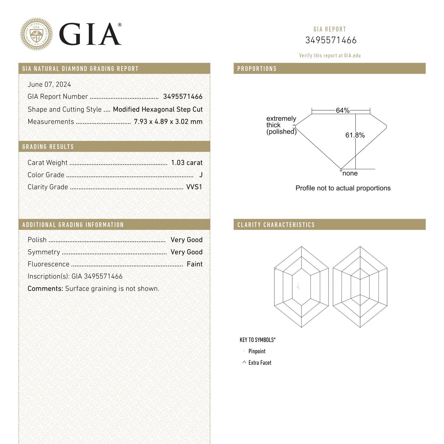 1.03ct 7.93x4.89x3.02mm GIA VVS1 J Hexagon Step Cut 25803-05