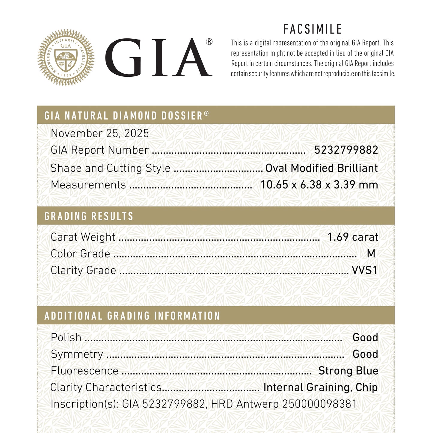 1.69ct 10.64x6.37x3.38mm GIA VVS1 M Modern Antique Moval Brilliant 27404-01