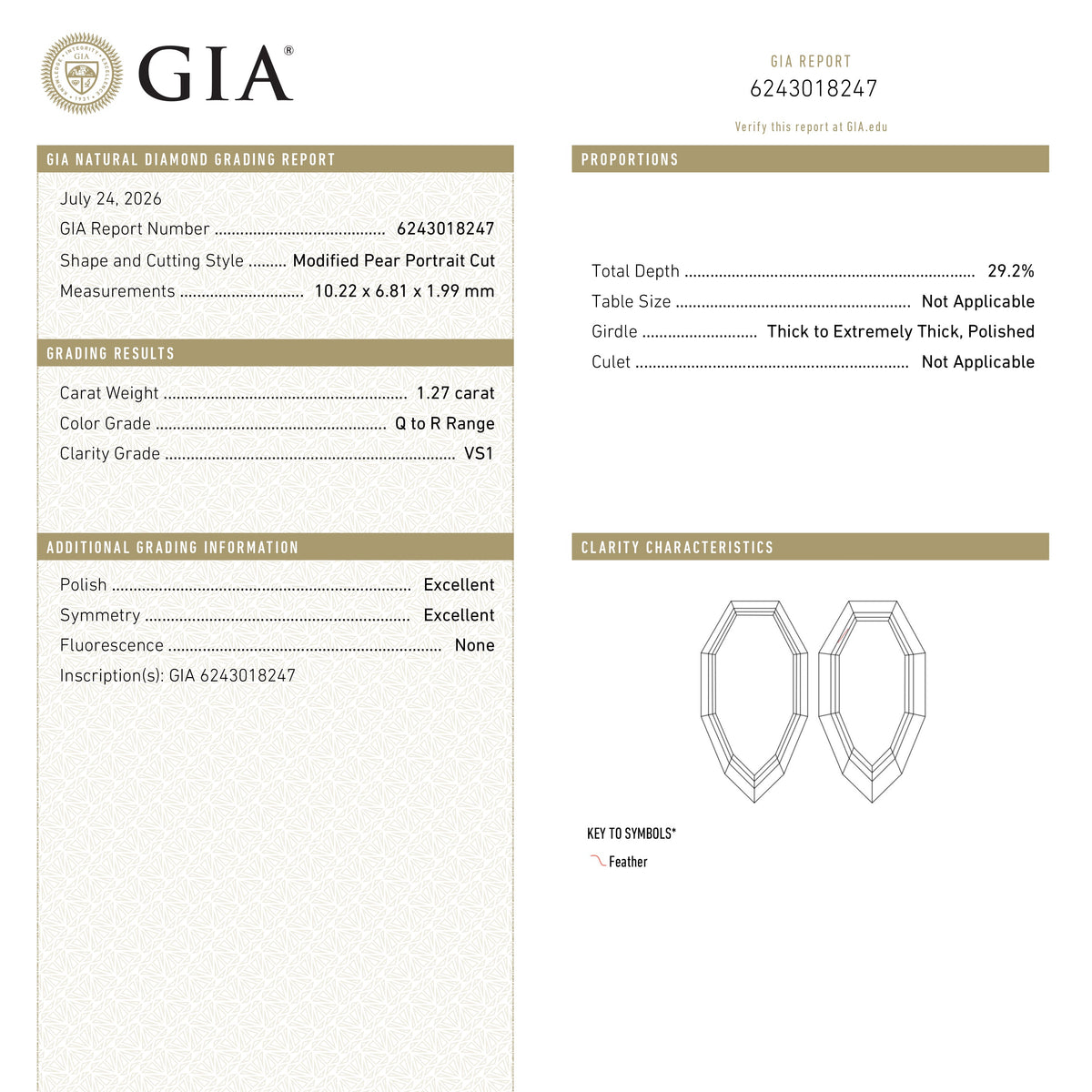 1.27ct 10.22x6.81x1.99mm GIA VS1 Q-R Geo Pear Portrait Cut 28329-01